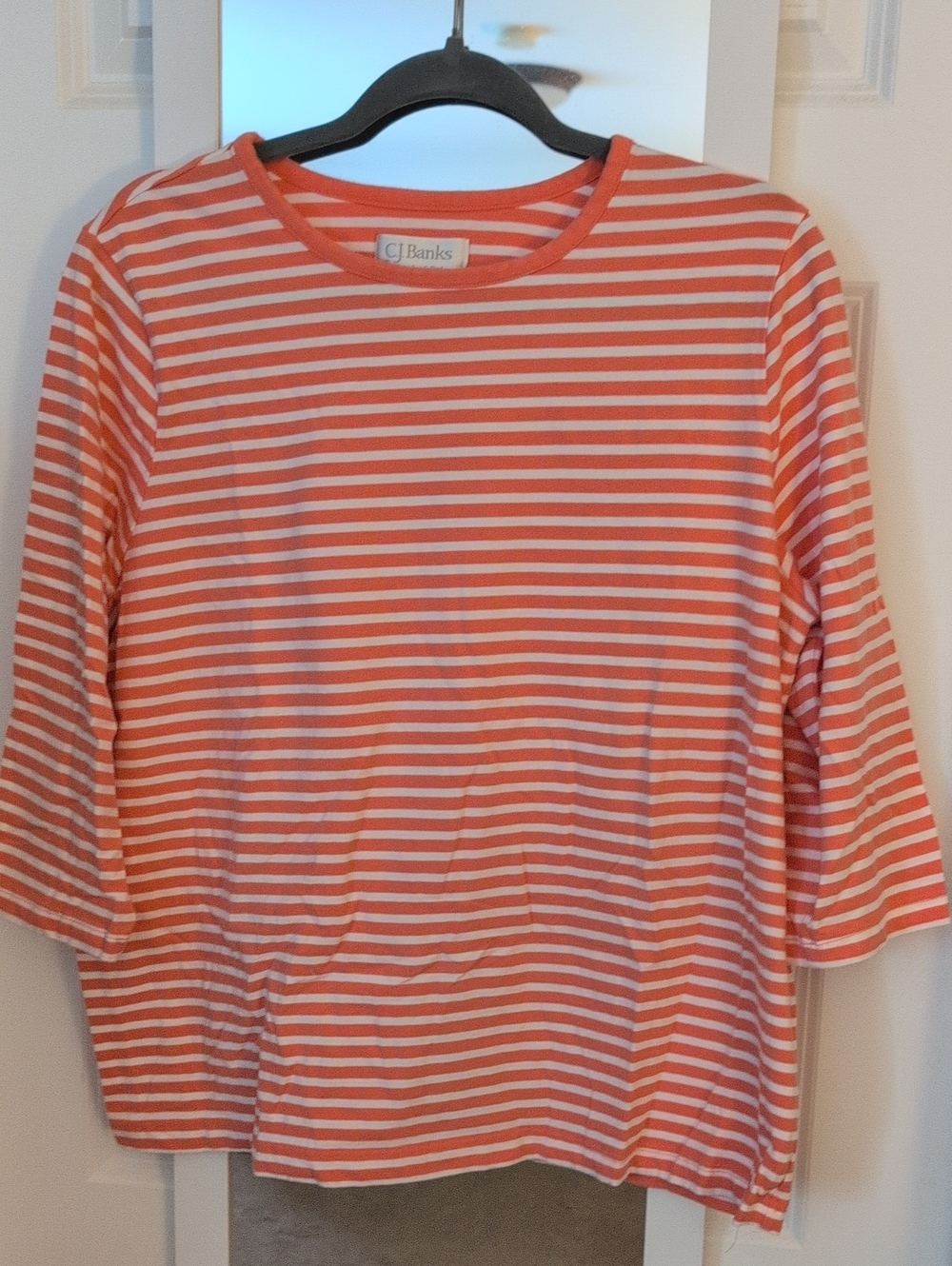 CJ Banks Coral & White Striped 3/4 length Sleeve Tee